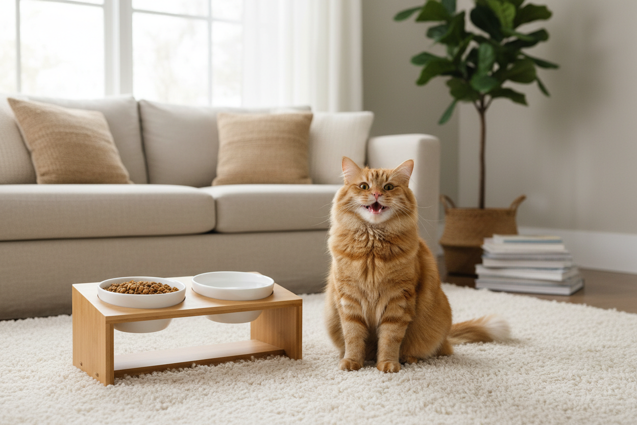 猫咪与竹制双碗