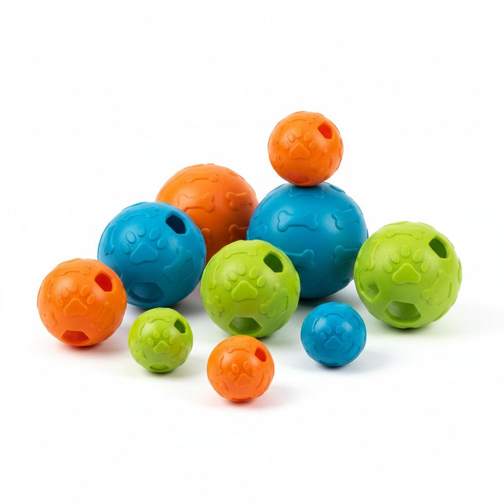 Colorful rubber dog toy balls in orange blue and green