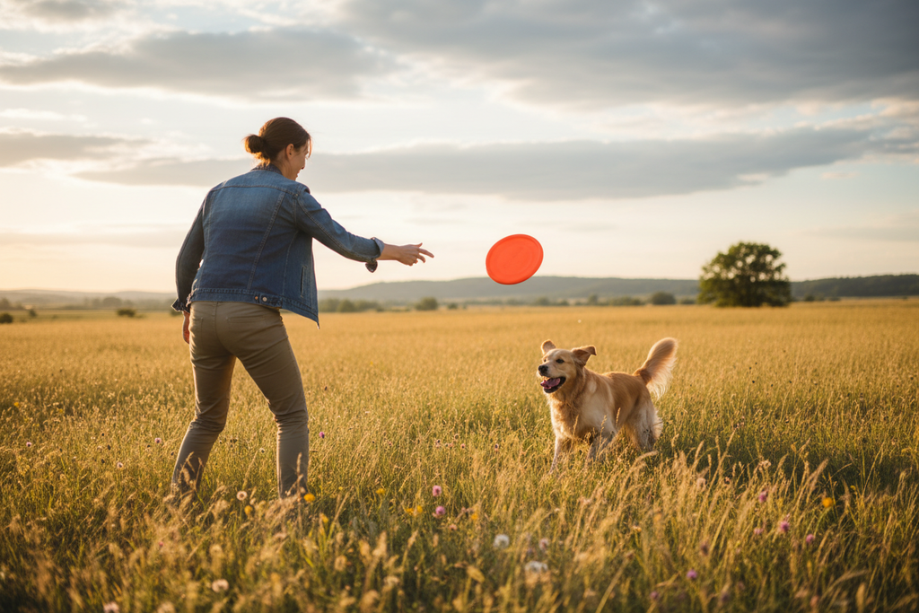 Person throwing frisbee to excited dog in field