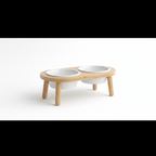 Elevated bamboo double pet bowl stand with white ceramic bowls
