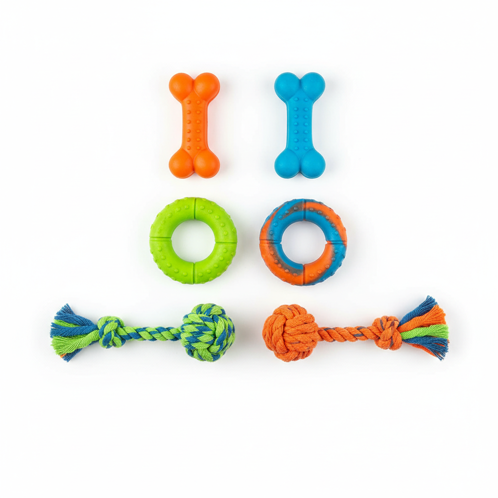 Multiple dog chew toys in different shapes and colors