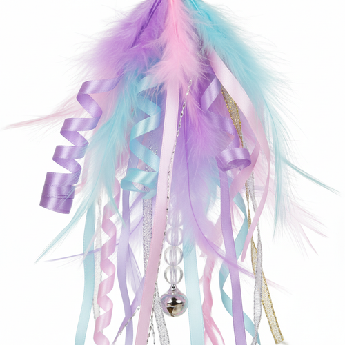 Close-up of colorful feathers on cat teaser wand