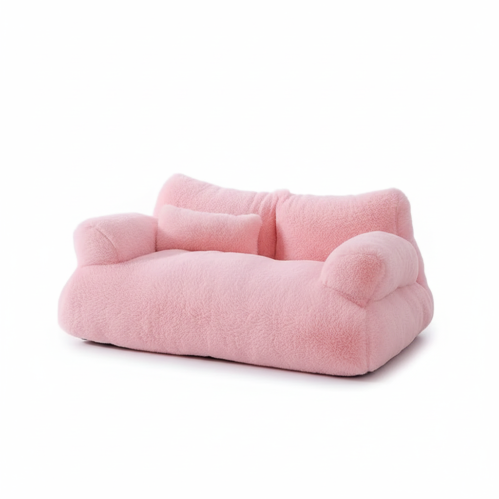 Pink fluffy plush pet sofa bed on white background