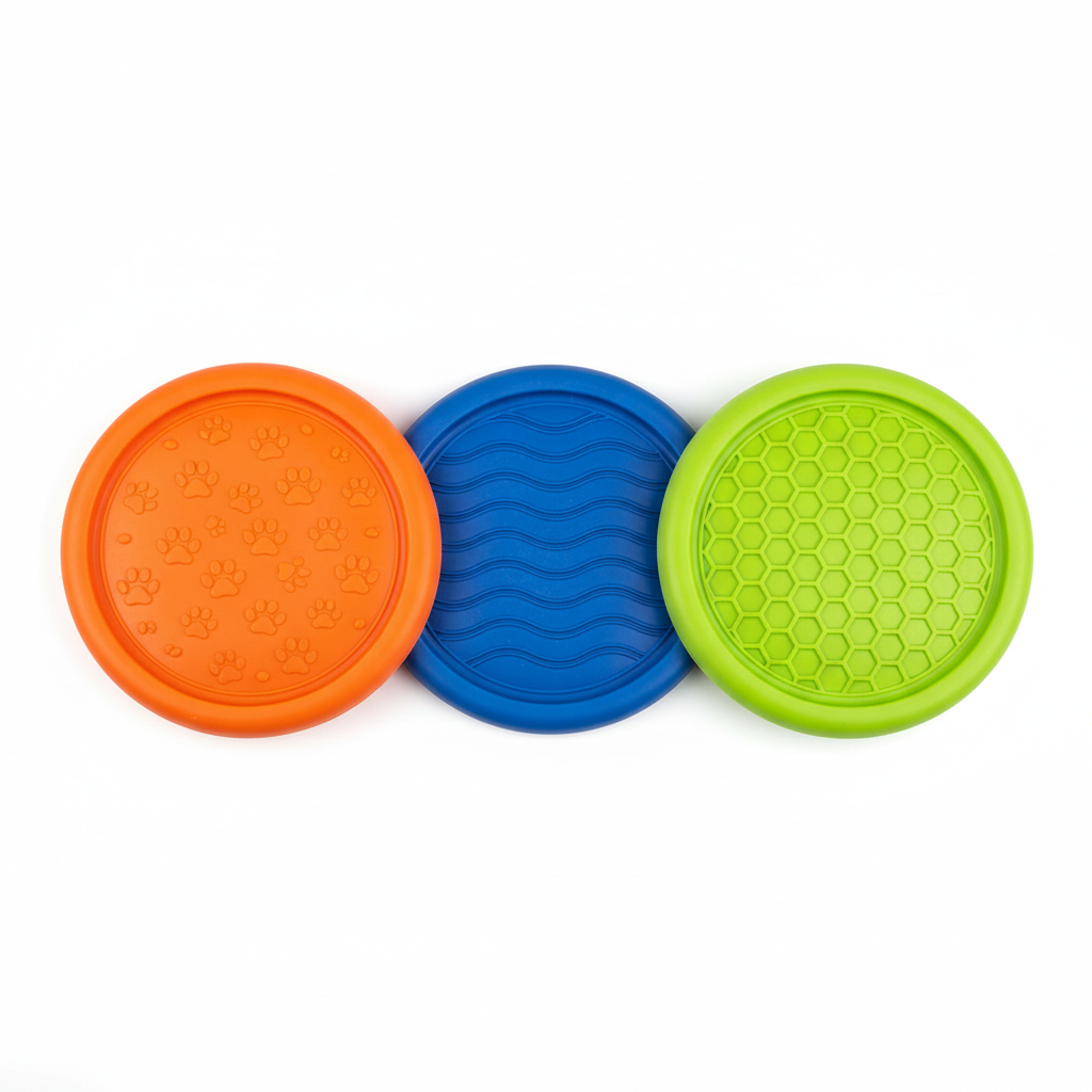 Three dog frisbees in different colors