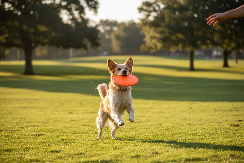 Happy dog catching orange frisbee in park