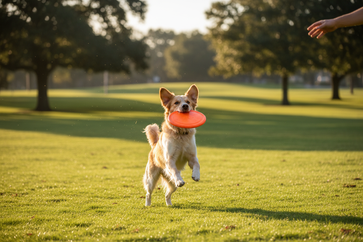 Happy dog catching orange frisbee in park